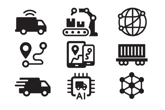 Logistics technology, smart delivery, warehouse automation, supply chain, tracking system, route optimization, shipping tech, transport AI, logistics network, freight logos, vector logo.
