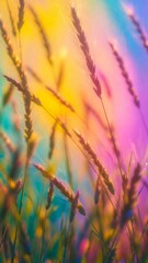 Obraz premium Grain spikes glowing with vibrant rainbow colors, abstract wheat field expressing summer growth and beauty