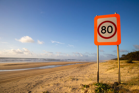 Fraser Island, K'gari beach driving speed sign, Queensland Australia