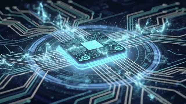 Digital payment processor animation with secure fintech network, contactless transaction technology and futuristic electronic banking concept