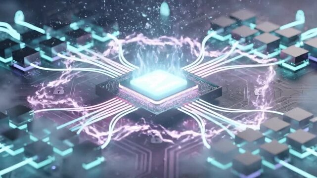 Quantum processor animation with electric data streams, advanced ai computing, neural network connectivity and futuristic semiconductor technology concept