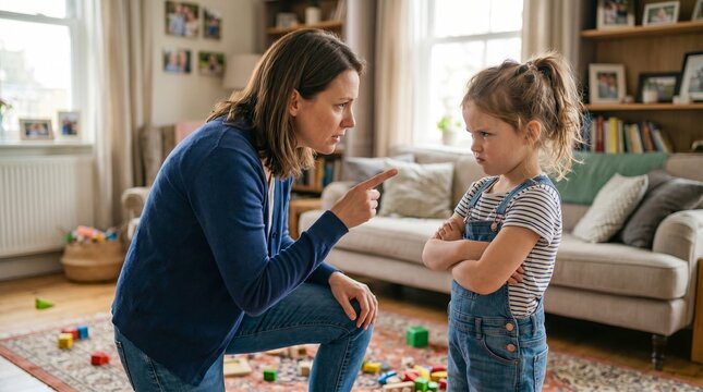 Mother scolding young daughter at home. Parent disciplining stubborn child in living room. Conflict, parenting challenge, strict guidance, childhood behavior issues, family interaction