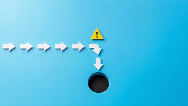 Arrows redirecting toward hole illustrating problem solving concept on blue background. concept of avoiding risks, strategy development, decision-making obstacles