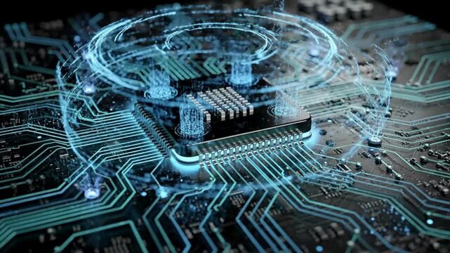 Holographic digital globe above processor chip animation, global data network, artificial intelligence computing and futuristic cyber technology concept