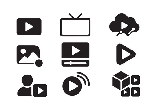 Video technology, streaming platform, video editing, digital media, content creator, broadcast tech, media cloud, video analytics, visual platform, video logos, vector design.