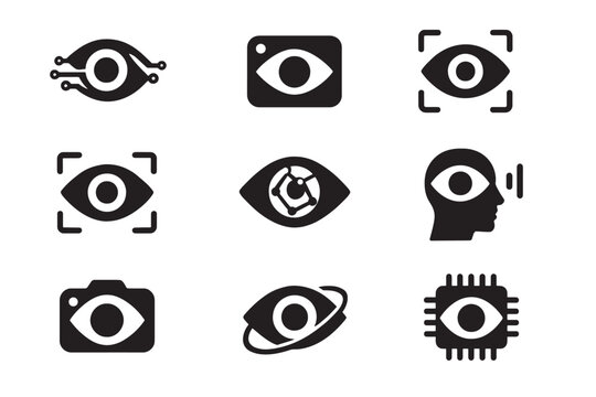 Computer vision, digital eye, image recognition, facial recognition, object detection, visual AI, camera AI, machine vision, smart imaging, vision tech logos, vector logos.