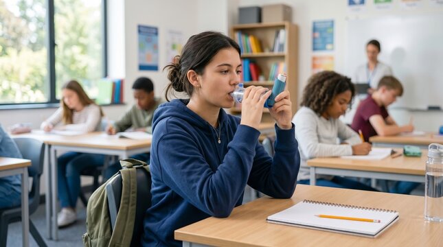 Teen girl using inhaler in classroom for asthma management, surrounded by engaged students. concept of healthcare awareness, school environment, focus on adolescent health.
