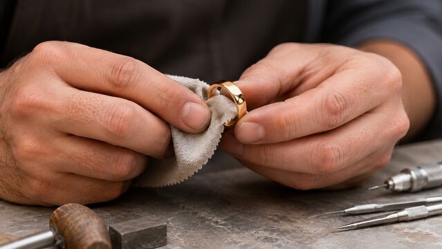 Jeweler man polishing gold ring on workshop table. Hands of goldsmith cleaning jewelry with microfiber cloth. Craftsmanship, precision work and maintenance of luxury metal accessory