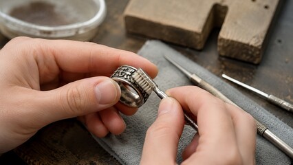 Fototapeta premium Artisan carefully crafting handmade jewelry with topaz gemstone in a workshop setting. concept of meticulous craftsmanship, luxury accessories, bespoke jewelry design.