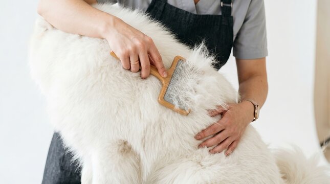 Groomer brushing fluffy white dog during pet care appointment at grooming salon. concept of professional animal grooming, maintaining healthy fur, pet hygiene practices