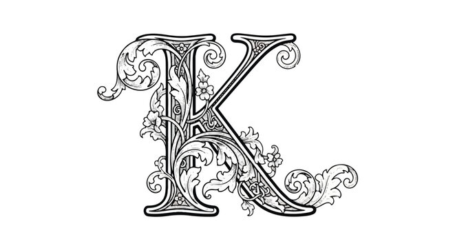 Ornate vintage floral decorative capital letter K illustration.