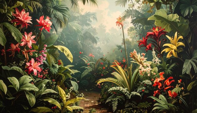 Lush rainforest scene with vibrant flowers, dense foliage, and a path leading into the misty depths