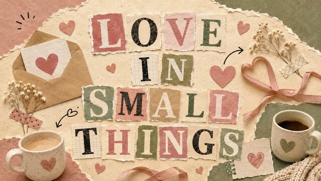 Love in small things text created with cutout paper letters in collage style. Romantic message on textured background with coffee cups and hearts for Valentine day greeting card design