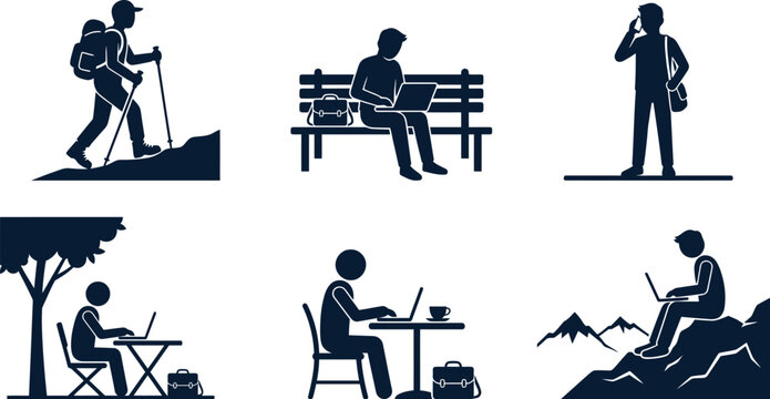 Outdoor activity and remote work people silhouettes vector illustration.