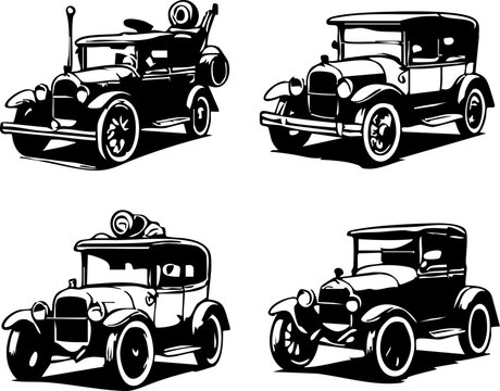 Intricate Line Art Collection of Old Style Car and Retro Transport Vehicles featuring Classic Front Grille Details and Timeless Antique Automotive Icon Simbol for High-End Projects