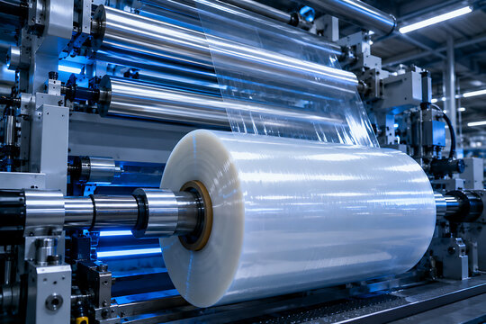 Industrial plastic film production line, automated polyethylene wrap manufacturing machine, heavy duty stretch film roll in factory isolated on White Background ai