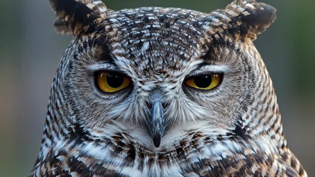 Close-up of a majestic owl with striking yellow eyes, showcasing its intricate feather patterns and intense gaze.