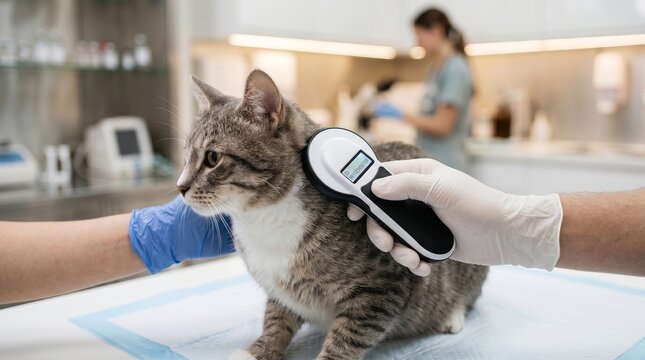 Veterinarian using microchip scanner on cat in clinic. Specialist checking animal identification during medical examine. Pet care and healthcare diagnostic procedure in veterinary office