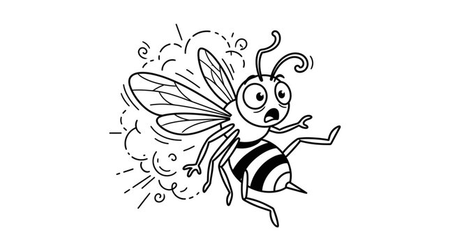 Outlined bee flying with motion lines in minimalist black and white vector illustration