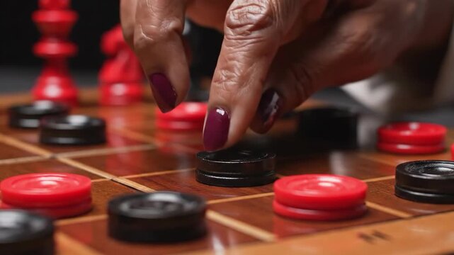 Close-up of a persons hand moving a black checker piece on a wooden checkerboard during a game.
