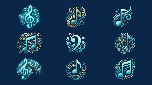 Set of decorative ornamental musical note symbols in turquoise and gold