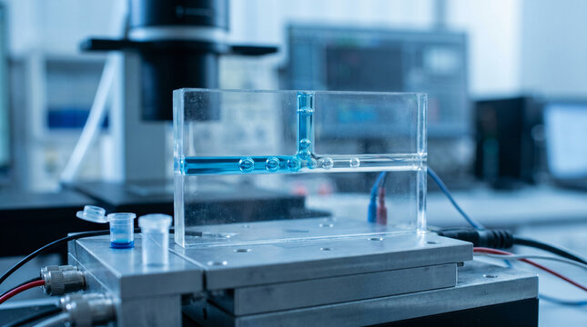 Microfluidic device with blue fluid in research lab
