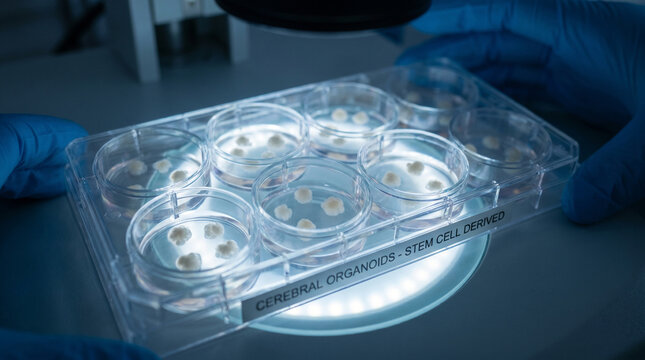 Stem cell derived cerebral organoids under laboratory microscope