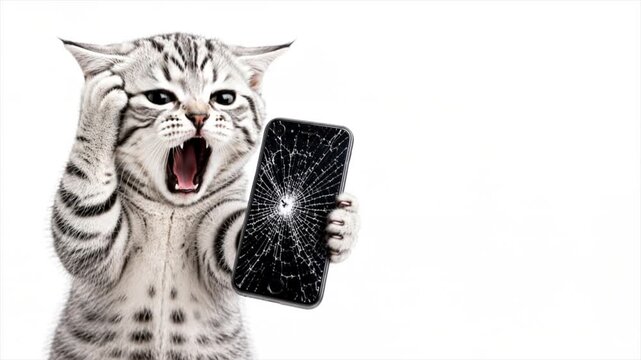 Shocked cat reaction holding broken smartphone with cracked screen