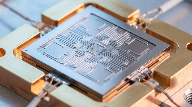 Quantum computer microchip processor close up in lab