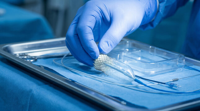 Surgeon preparing transcatheter heart valve medical stent graft
