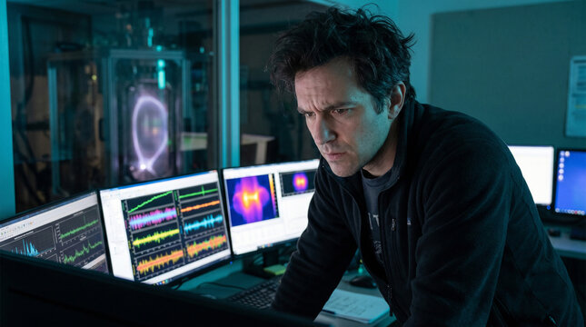 Scientist monitoring thermal data in plasma physics lab