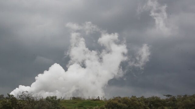 Steam rising above Olkaria Geothermal Power Station in the Hell's Gate National Park, Kenya