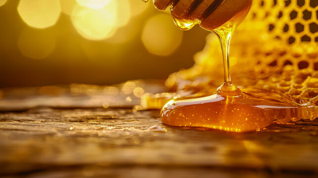 Golden honey dripping from wooden dipper onto rustic wooden surface with honeycomb and warm glowing bokeh backlight
