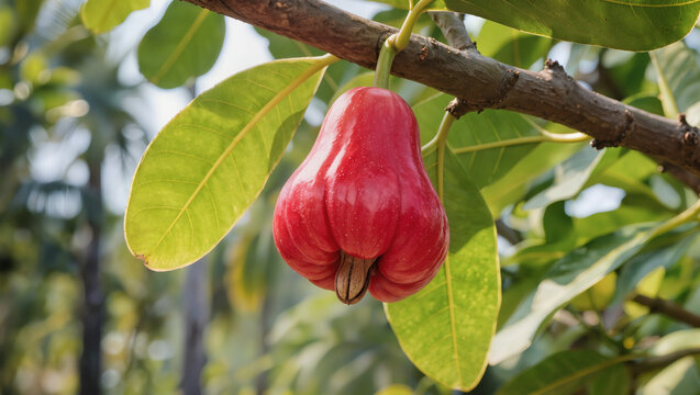Fresh Red Rose Apple Hanging from Tree Branch in Tropical Orchard