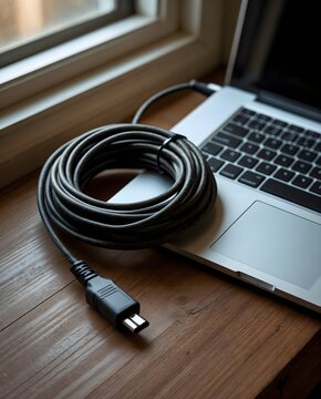 Unplugged Laptop Charger Cable Resting on Wooden Desk Beside Closed Laptop