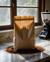 Naklejka premium Empty Coffee Bag Beside Grinder on Kitchen Counter After Brewing
