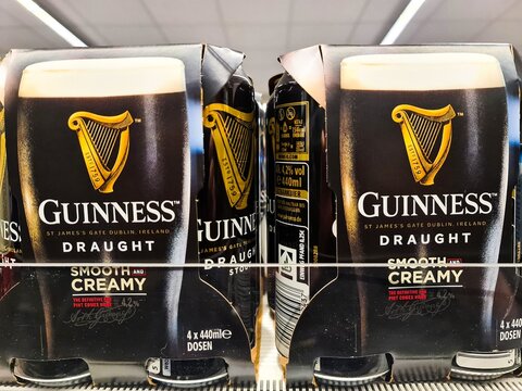 Hamburg, Germany - 06. June 2026: Guinness Draught beer cans on supermarket shelf