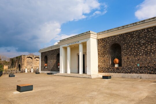 Pompei, Italy - 8. March 2026: Pompeii Antiquarium building exhibiting ancient Roman artifacts