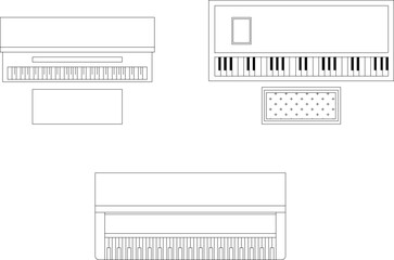 Technical 2D vector line drawing collection of upright pianos and keyboards showing plan top views with benches for architectural interior design blueprints. © Riki