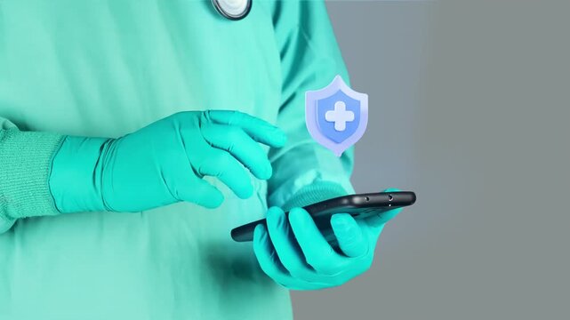 Medical specialist uses a mobile phone, telehealth, health insurance coverage, digital medical plan concept, accessible assistance, and human peace of mind. Digital and modern medicine