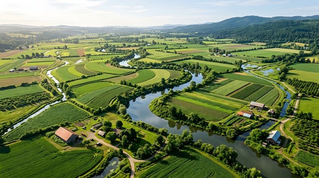 Aerial drone view of a winding river through lush green farm fields in a rural valley landscape.