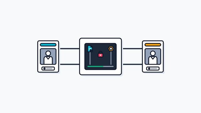 Flat design animation of user profiles connecting to a central database server.