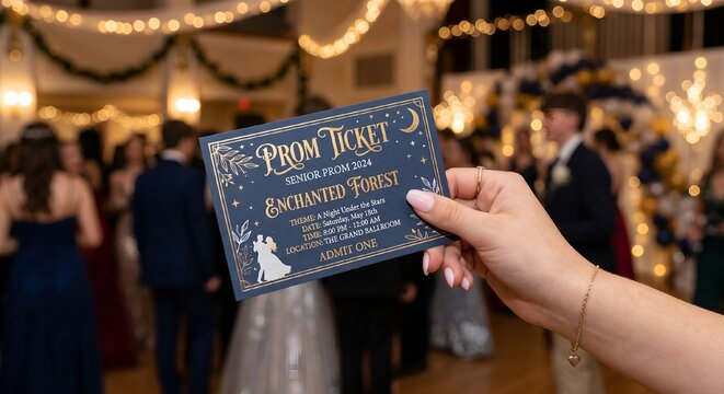 Hand holding prom ticket in decorated hall during formal dance event  
