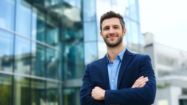 Realistic confident businessman standing with crossed arms outside modern glass office building, authentic corporate leadership portrait with natural face, blue suit, reflective fa