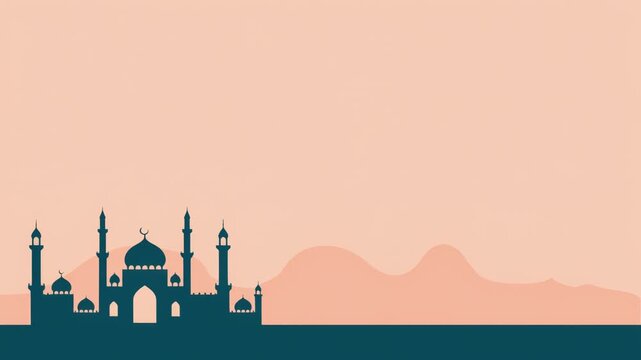 Silhouette of a traditional mosque building against a soft pastel desert landscape background. Islamic video background with wide copy space.