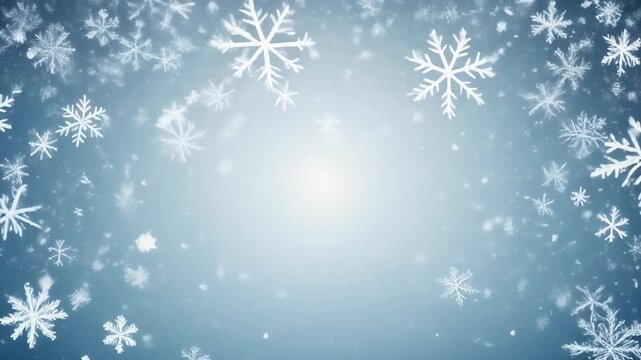 Beautiful winter background with falling snowflakes and a soft blue gradient. Simple Christmas video background with wide copy space.
