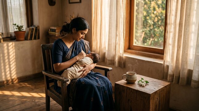 Indian woman breastfeeding infant at home in a sunlit room