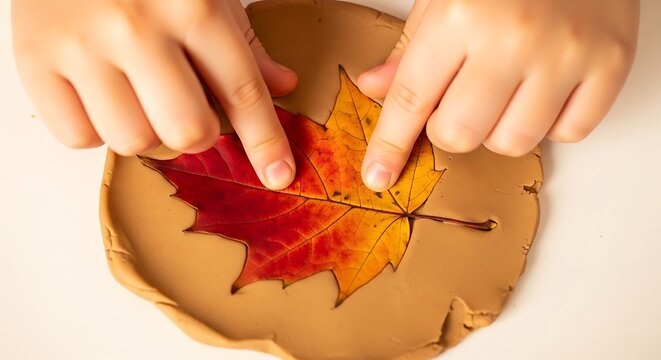 Childs hands pressing a colorful autumn maple leaf into a piece of modeling clay on a white background