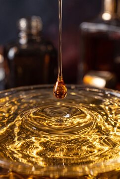 Macro shot of a golden amber liquid drop falling into a liquid surface creating circular ripples