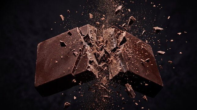 Dramatic explosion of a dark chocolate bar with flying shards and cocoa dust against a black background